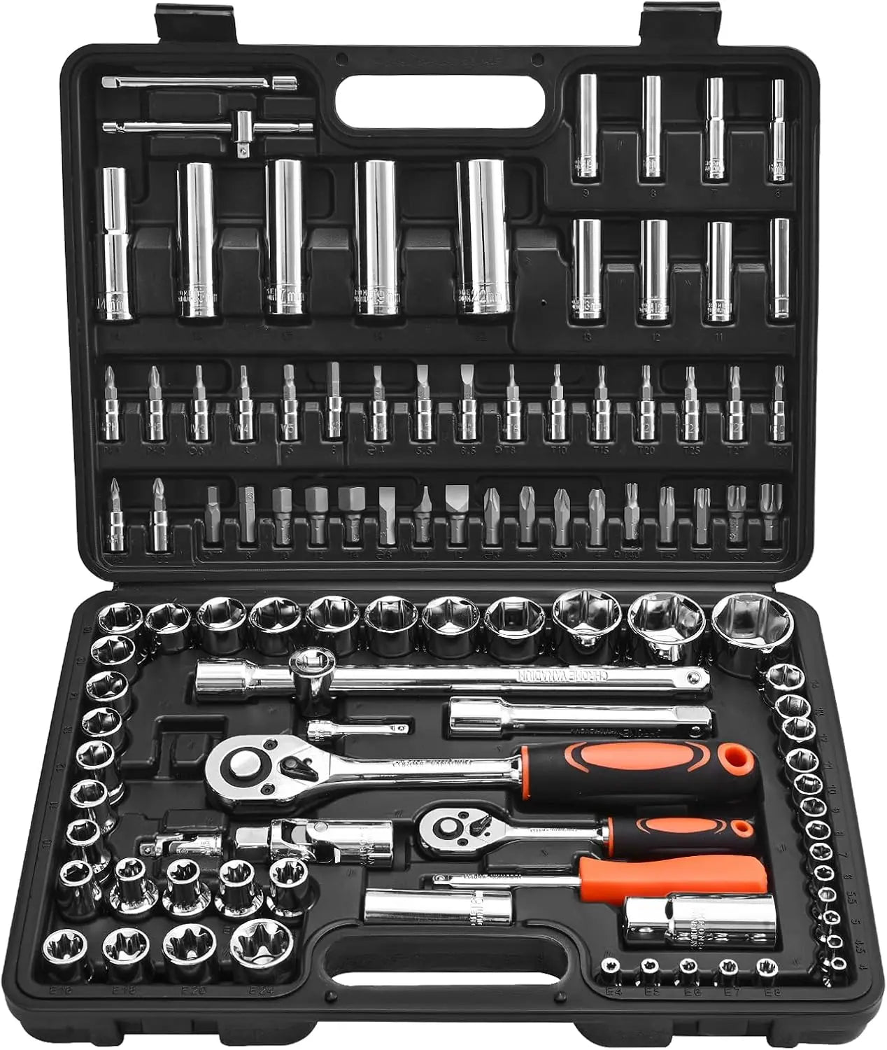 Multiple-Piece Mechanic Tool Set: 1/4', 3/8', 1/2' Drive Sockets, SAE/Metric, Bits, Wrenches, Storage Case