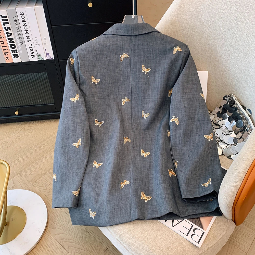Plus Size Women's Fall Winter Casual Loose Comfort Coat Gray Butterfly Embroidered Button Pocket Long Sleeve Top Large