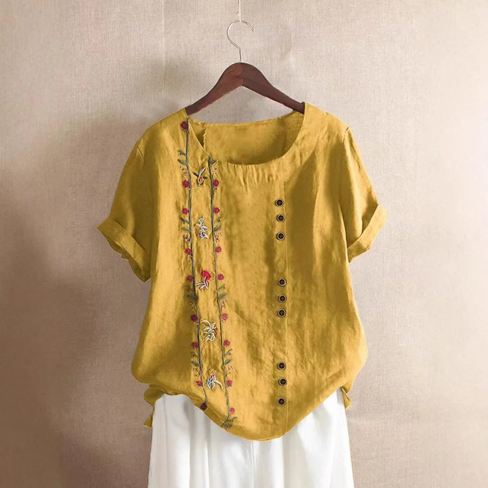 Retro Cotton Linen Short Sleeve Embroidered Flower Women's T Shirt Crew Neck Plus Size Shirt from Mainland China