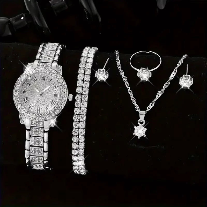 6PCS Women Luxury Elegant Alloy Watch Crystal Wristwatch for Ladies Gift Quartz Rhinestone Bracelet