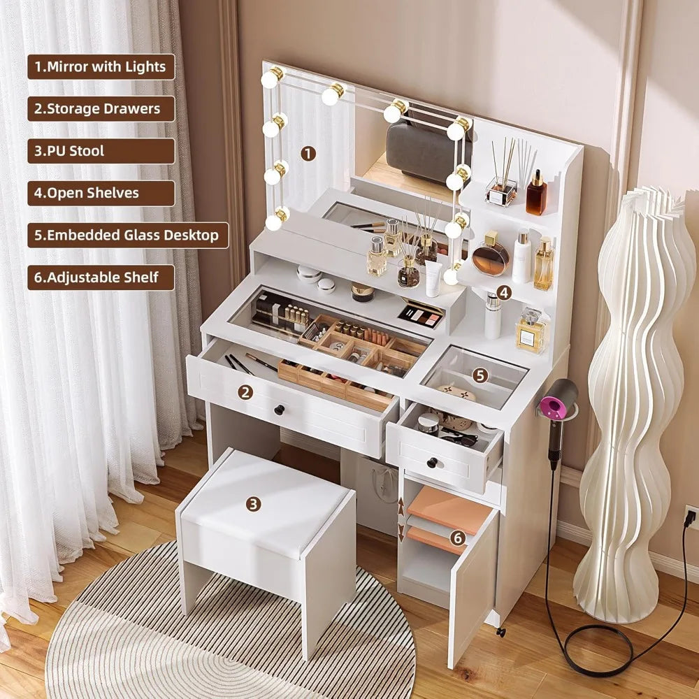 Makeup Vanity Desk with Mirror and Lights White Vanity Set with Drawers and Stool Modern Dressing Table with Glass Top