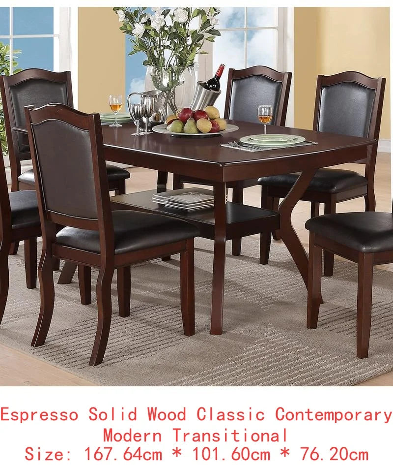 7pc Formal Dining Set with Solid Wood Table, Shelve & 6 Chairs in Espresso Finish