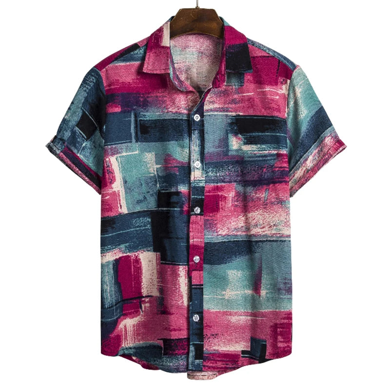 Men's Cotton Polyester Summer Short Sleeve Shirt Boho Geometric Pattern Hawaiian Beach Male Shirts Casual Blouse For Men
