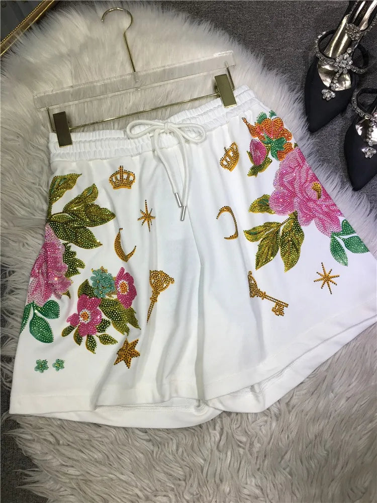 Oversized Rhinestone Diamond High Waisted Black Adjustable Waist Wide Leg Slacks Women's Shorts