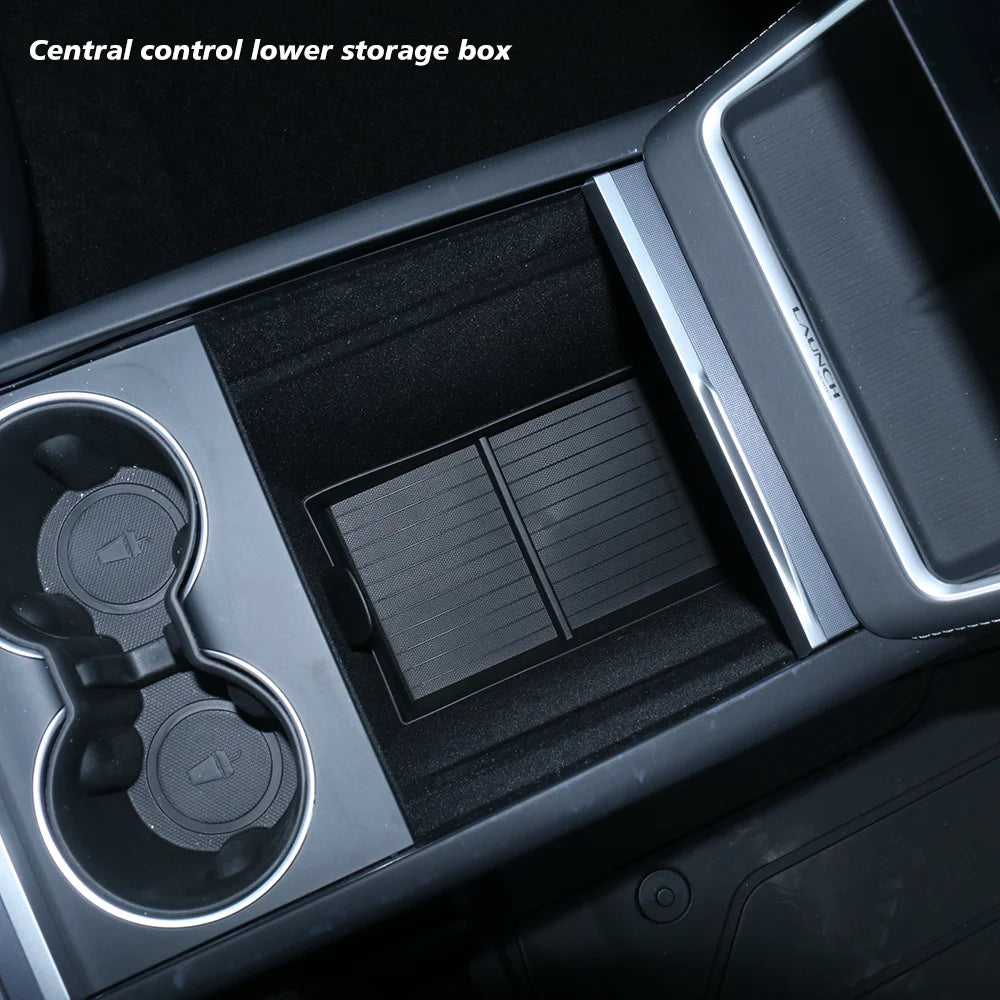 Console And Armrest Storage Box For Tesla New Model Y 2025 Juniper ABS With Silicone Non Slip Mat And Water Cup Holder