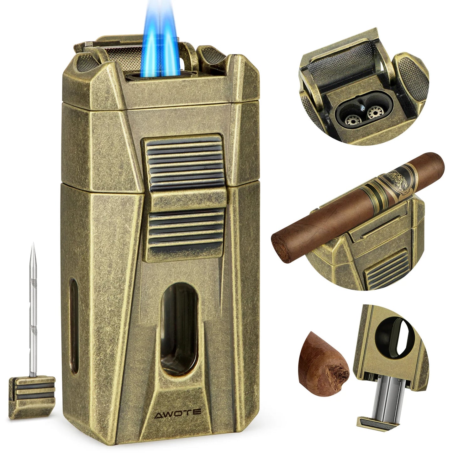 AWOTE Cigar Lighter with Double Jet Flame, Refillable Cigar Torch Lighter with Cigar Holder, V-Cigar Cutter, Cigar Draw Enhancer