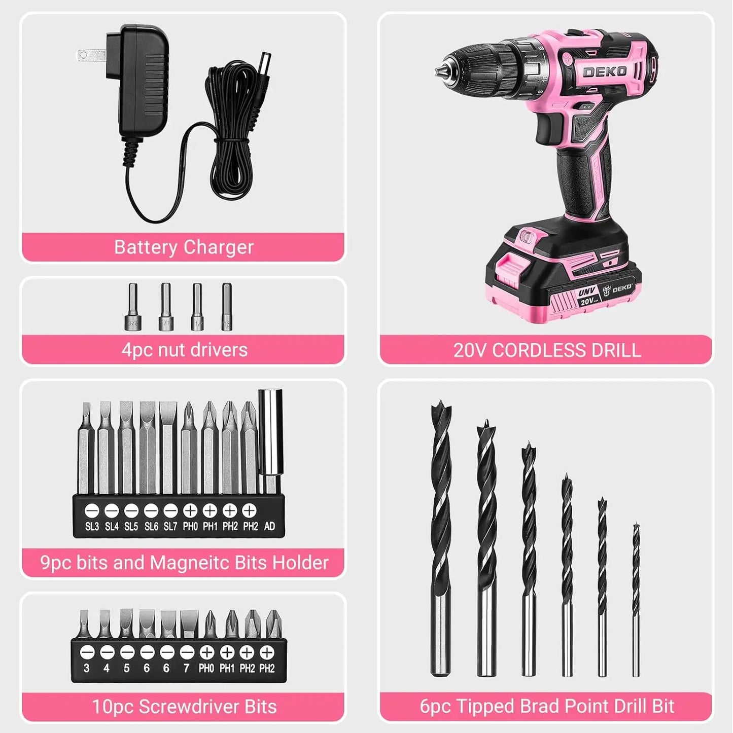 DEKO Pink Cordless Power Drill Set 20V Electric Tool for Women
