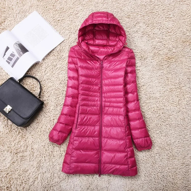 Plus Size White Duck Down Jacket Lightweight Down Coat for Women Hooded Long Winter Wear