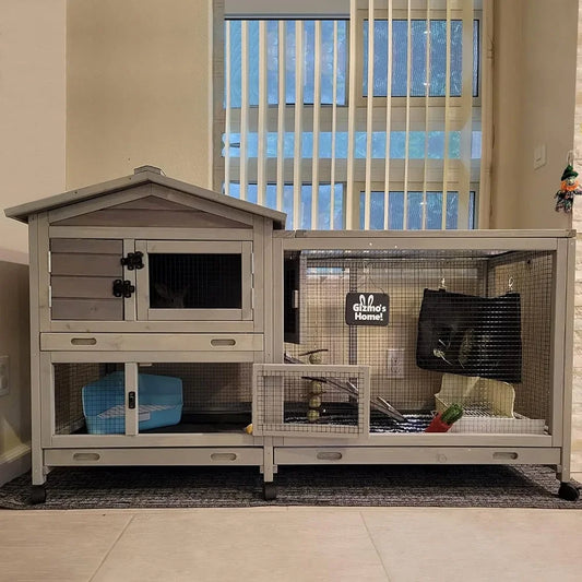 Bunny Cage Indoor and Outdoor Rabbit Hutch with Casters Waterproof Roof and Pull Out Tray