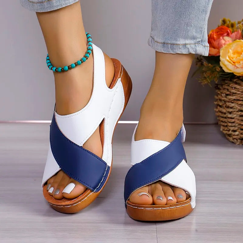 New Women's Contrast Color Wedge Sandals Summer Peep Toe Non Slip Beach Shoes Comfortable Platform Roman Sandals