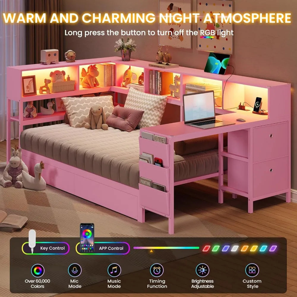 Color Corner Bed Frame With Desk Charging Station Lights