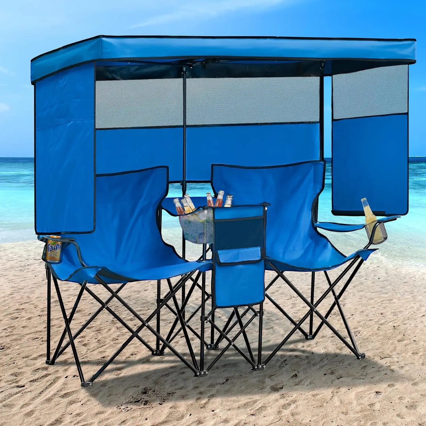 Double Beach Chair with Canopy Shade Heavy Duty Camping Chairs with Cup Holder Folding Loveseat for Outside Lawn