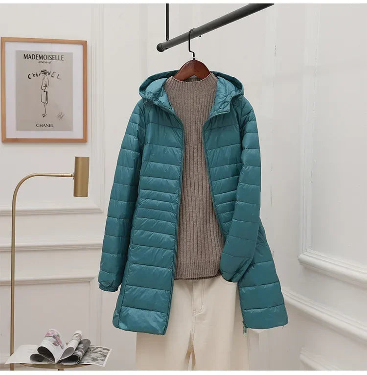 Plus Size White Duck Down Jacket Lightweight Down Coat for Women Hooded Long Winter Wear