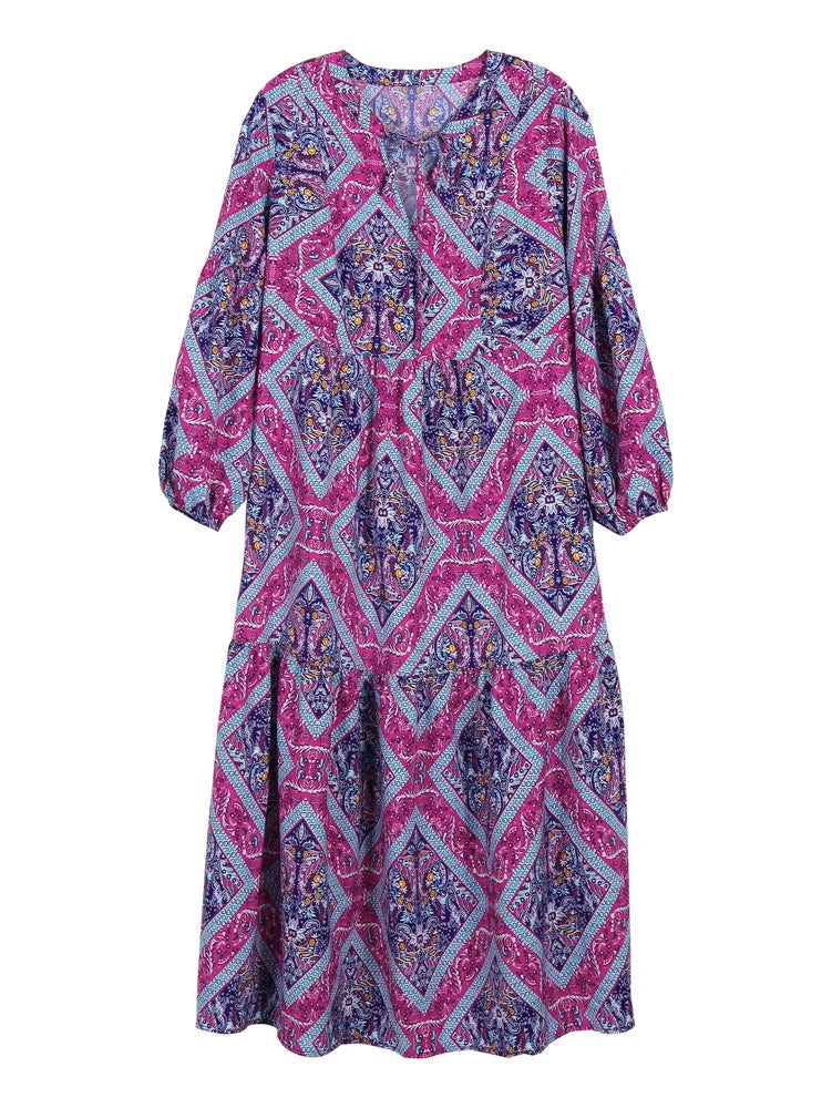 Plus Size 2025 New Women's V Neck Purple Casual Printed Dress Long Loose Fit Polyester Long Sleeve Pullover