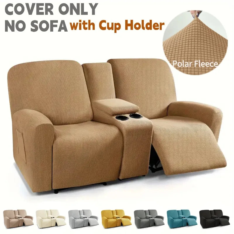 8pcs/set Recliner Sofa Covers Polar Fleece Loveseat Center Console Sofa Covers Elastic 2Seater Couch Slipcovers with Cup Holder
