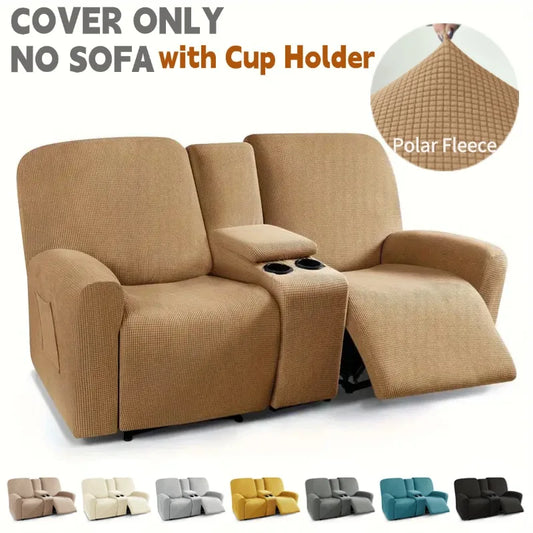 8pcs/set Recliner Sofa Covers Polar Fleece Loveseat Center Console Sofa Covers Elastic 2Seater Couch Slipcovers with Cup Holder