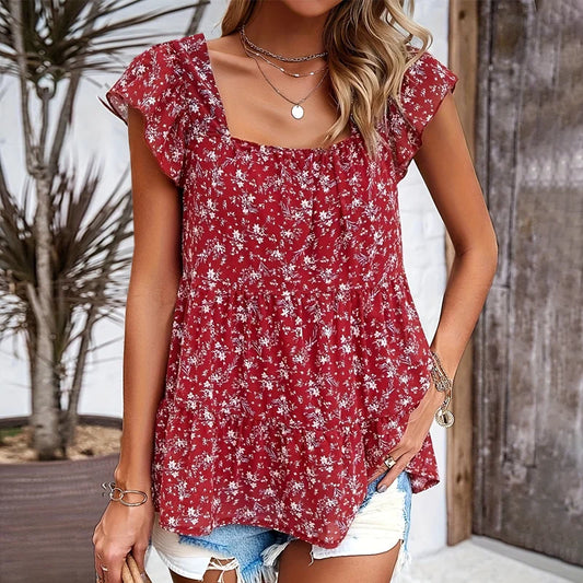 Plus Size Women's Floral Print Square Collar Layered Shirts Loose Fit Work and Vacation Clothing