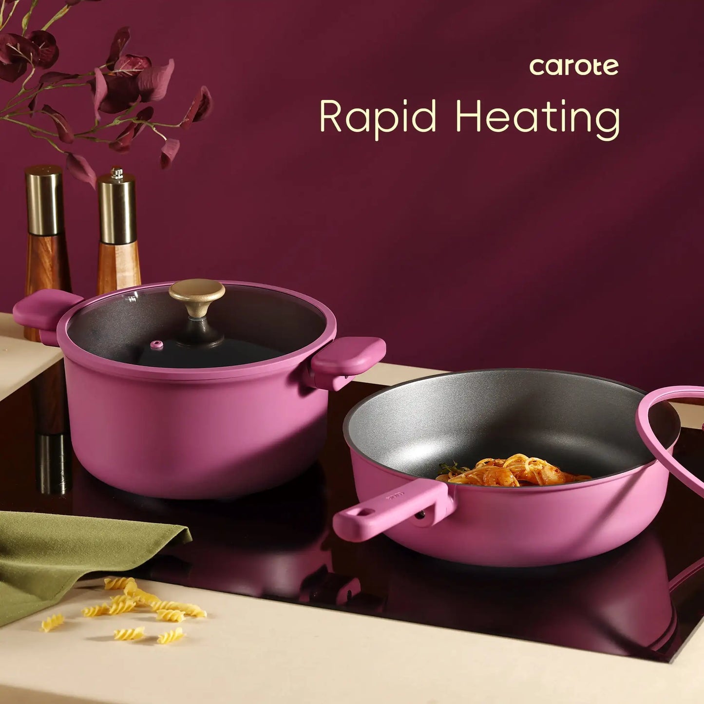 Kitchen Cookware Sets, Nonstick Pots and Pans Set, Induction Cookware, 17 Pcs, Rose Pink