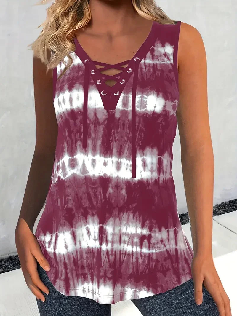 Plus Size Women Fashion Tie Dye Print Sleeveless Tank Tops Casual Round Neck Crisscross Detail Summer Wear 1XL to 5XL