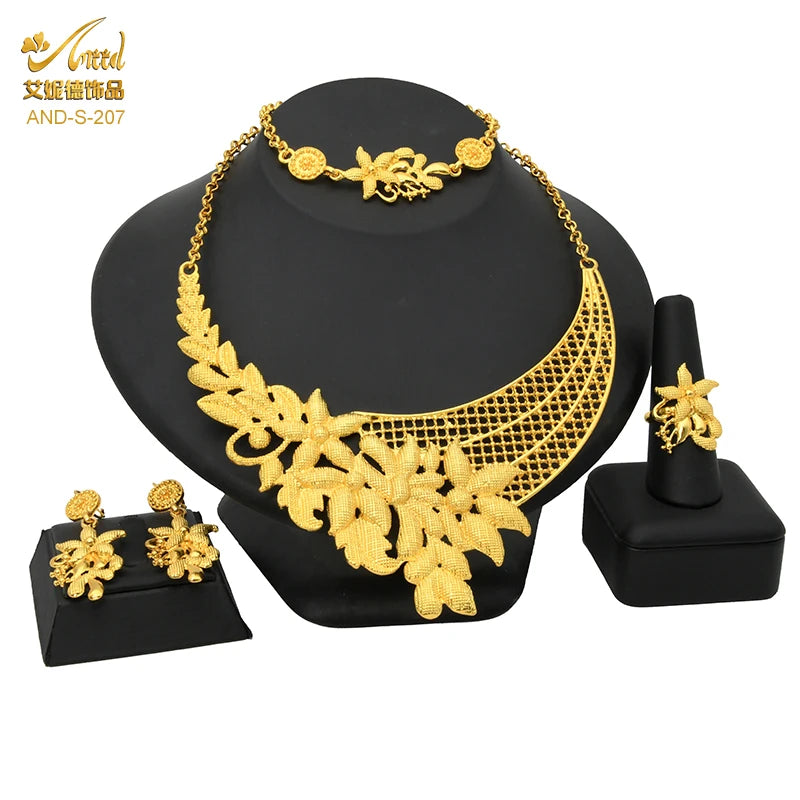 Dubai Luxury Irregular Necklace And Earrings Sets For Women Ethiopian Indian Bridal 24k Gold Color Jewelry Set Wedding
