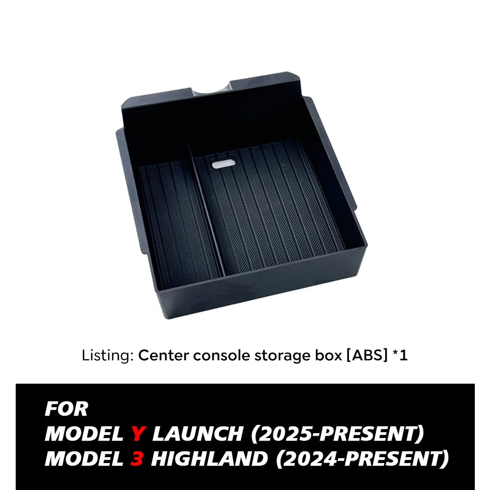 Console And Armrest Storage Box For Tesla New Model Y 2025 Juniper ABS With Silicone Non Slip Mat And Water Cup Holder