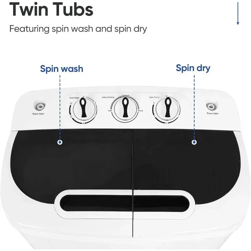 QWZENY Portable Mini Twin Tub Washing Machine 13lbs Capacity with Spin Dryer Compact Washer
