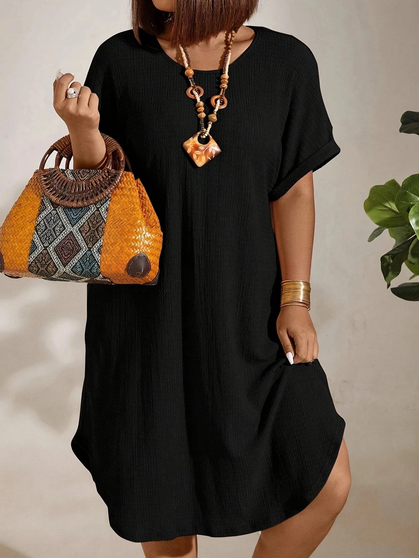Casual Short Sleeve Round Neck Pure Color Dress for Women Spring Summer Knee Length Fashion