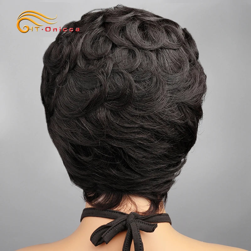 Htonicca Pixie Cut Wigs 100 Percent Human Hair Curly