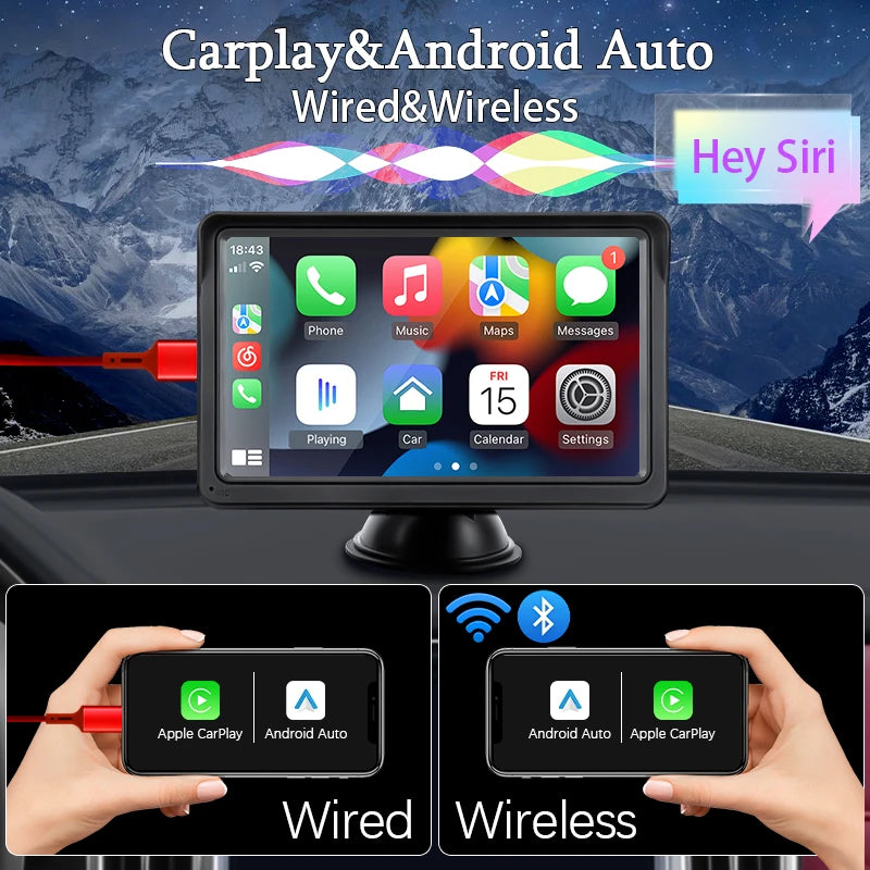 Hippcron 7 Inch Car Radio Multimedia Video Player Wireless Carplay Wireless Android Auto Portable Universal Touch Screen