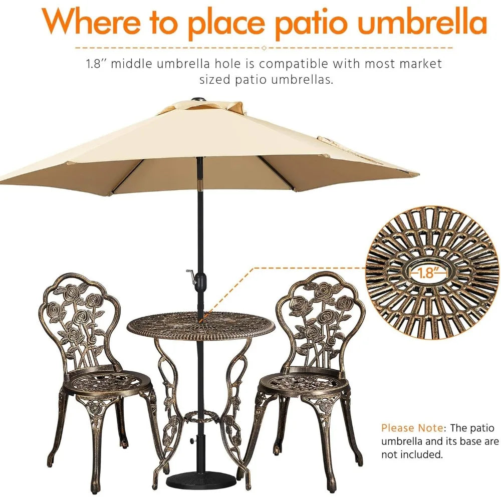 3 Piece Outdoor Bistro Set with Rose Design Rust Resistant Cast Aluminum Table and Chairs with Umbrella Hole for Balcony and Backyard