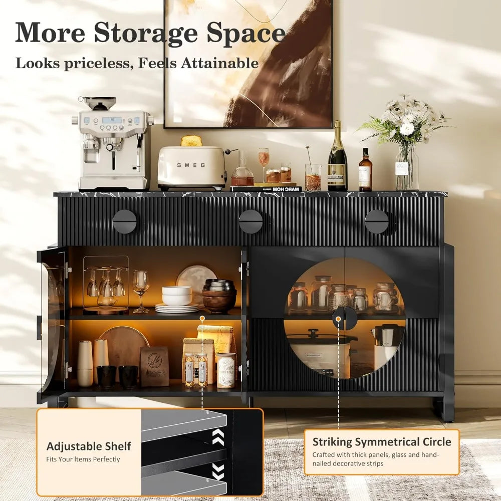 62" Fluted Sideboard Buffet Cabinet with LED Lights & Glass Doors, Faux Marble Top Console Table with 2 Adjustable Shelves