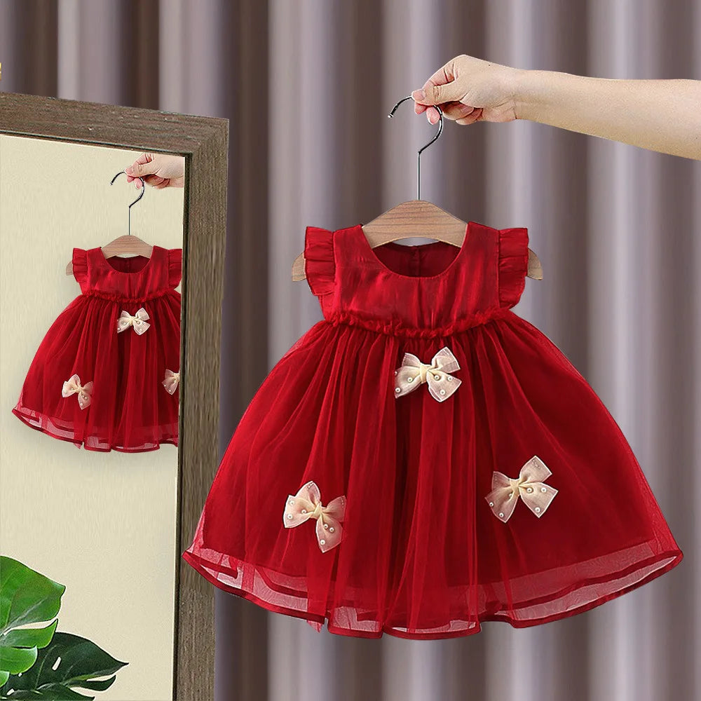Girls Summer Princess Dress with Flying Sleeves and Baby Bow Decoration