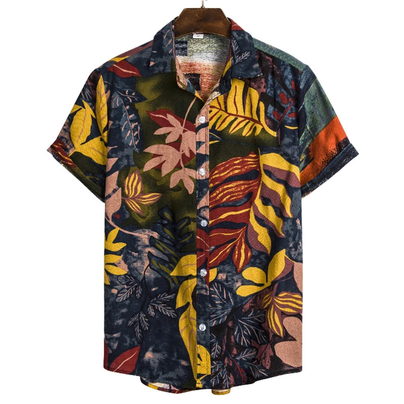 Men's Cotton Polyester Summer Short Sleeve Shirt Boho Geometric Pattern Hawaiian Beach Male Shirts Casual Blouse For Men