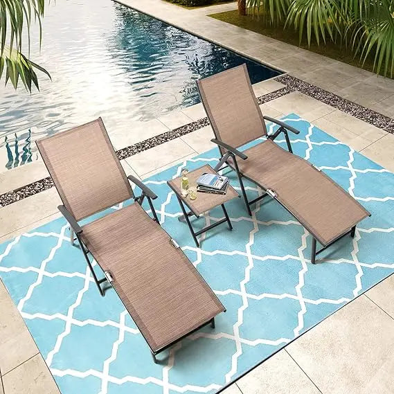 3PCS Aluminum Patio Set with Chaise Lounge Chairs and Table 8-Position Adjustable Backrest for Outdoor Use