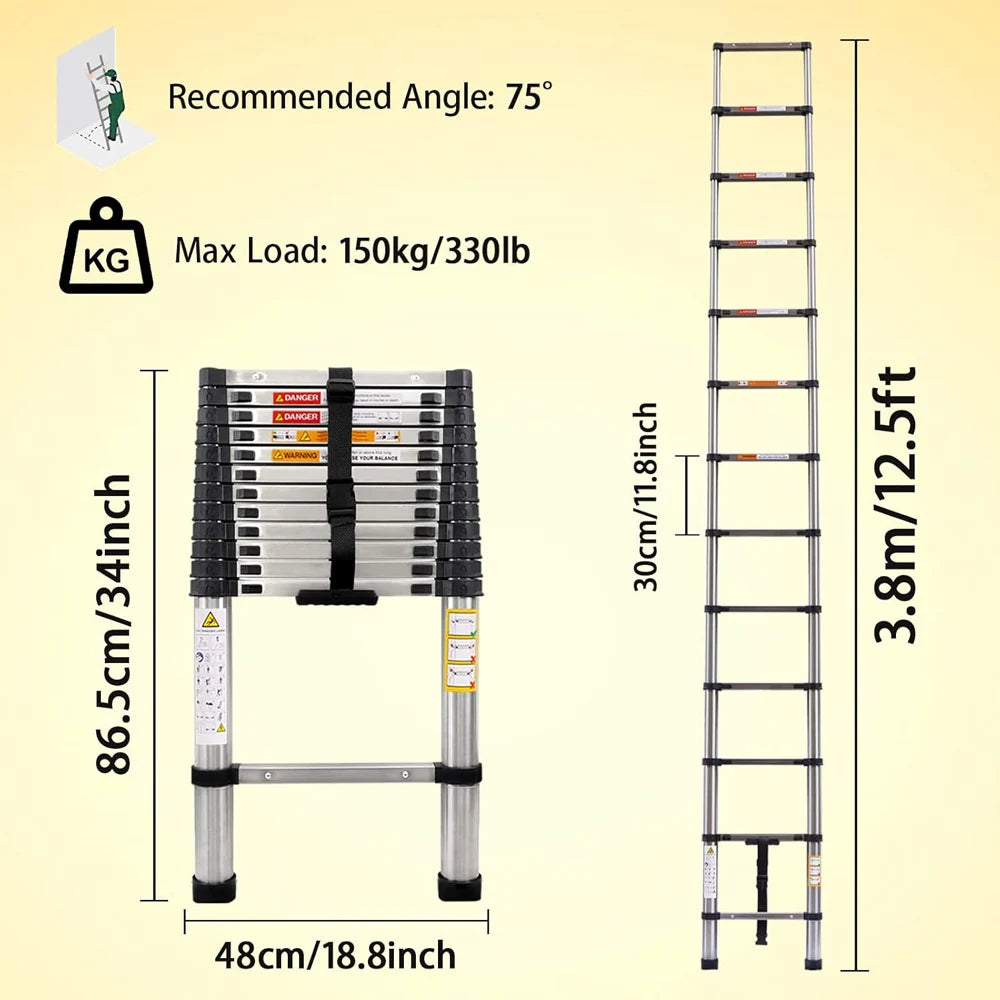 Extendable Telescopic Ladder 2.6M to 5M Heavy Duty Multi Purpose Folding Stainless Steel Portable Loft Ladder Tool