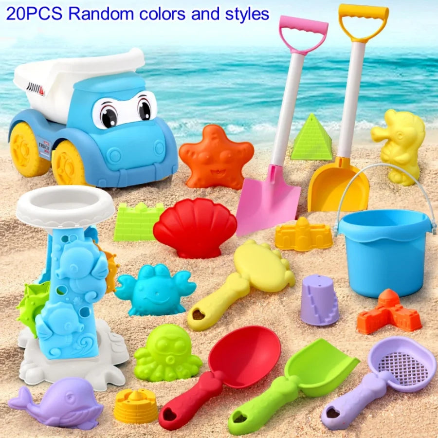 Children's Beach Toy Set ATV Sand Digging and Water Play Tools Beach Bucket Hourglass Shovel Random Colors