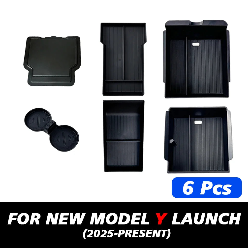 Console And Armrest Storage Box For Tesla New Model Y 2025 Juniper ABS With Silicone Non Slip Mat And Water Cup Holder