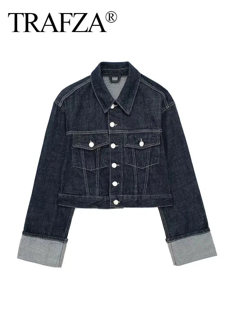 Trafa Women Vintage Denim Jacket and Pant Set Single Breasted Lapel Long Sleeve Coat Wide Leg Trousers High Street Outfit