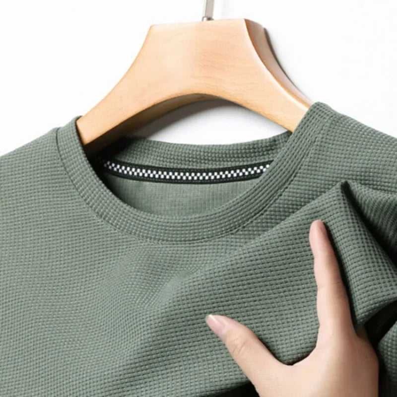 New Summer Waffle Round Neck Short Sleeved T Shirt for Men Casual Top