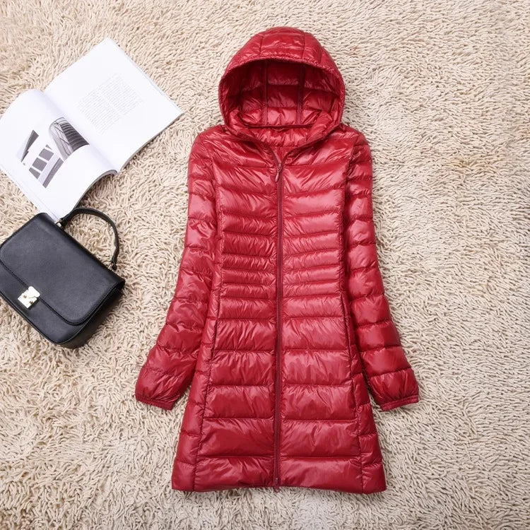 Plus Size White Duck Down Jacket Lightweight Down Coat for Women Hooded Long Winter Wear