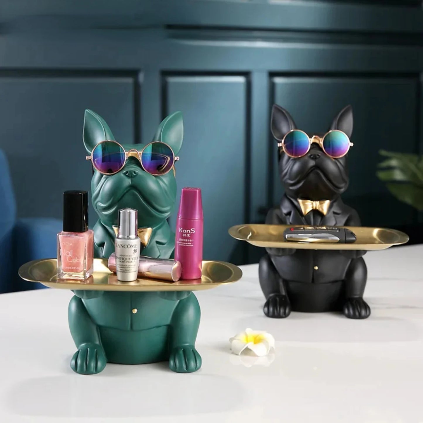 Nordic French Bulldog Sculpture Dog Figurine Statue Key Jewelry Storage Table Decoration Gift With Plate Glasses