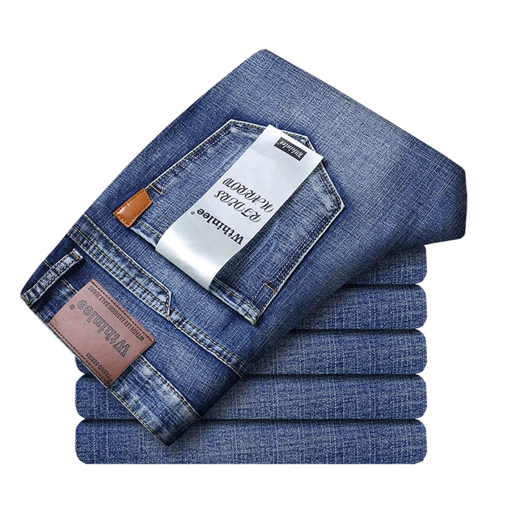 Wthinlee Spring Summer Business Jeans for Men Light Blue Casual Straight Stretch Fashion Classic Work Denim Trousers