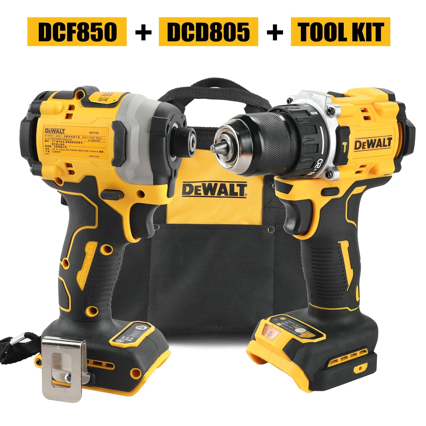 DeWalt DCF805 & DCD850 20V MAX Lithium - Ion Brushless Combo Kit - 2 - in - 1 Cordless Screwdriver & Impact Drill with Tool Bag