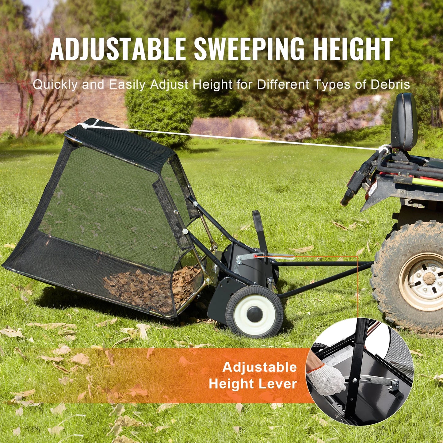 SucceBuy 42-inch Lawn Sweeper Tow Behind 12 cu.ft.Heavy Duty Leaf Grass Collector Adjustable Height for Picking Up Debris Grass