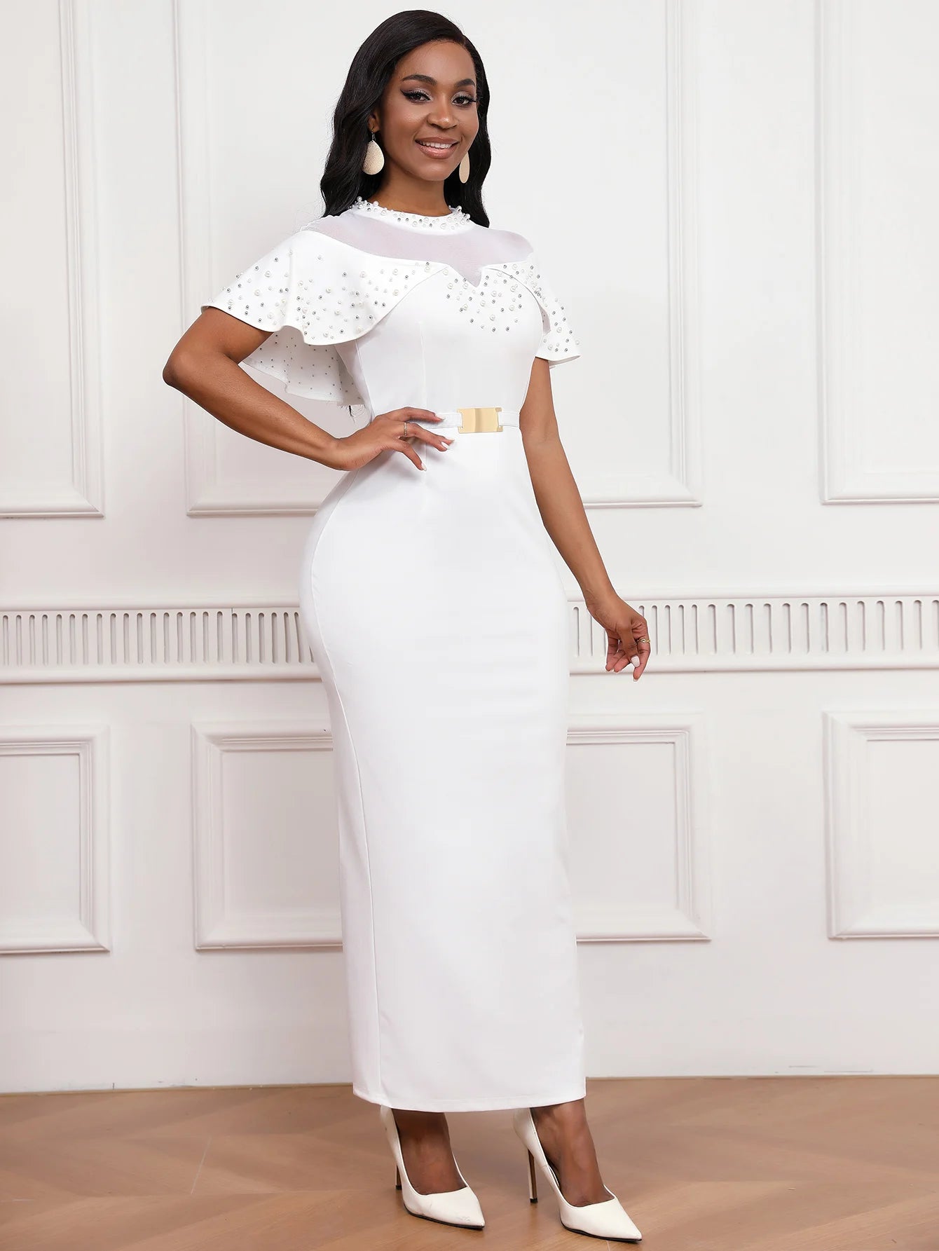 2025 Fashion Elastic Banquet Elegant Dress with Beaded Tulle Shawl Sleeves, Belted, Slim-Fitting, and Pencil Long Skirt