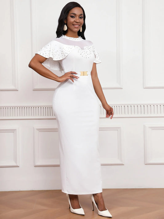 2025 Fashion Elastic Banquet Elegant Dress with Beaded Tulle Shawl Sleeves, Belted, Slim-Fitting, and Pencil Long Skirt