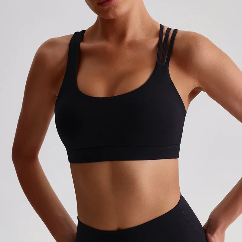Solid Color Butter Cross Gym Yoga Underwear Women Cross Back Shoulder Straps Fitness Sport Bra High Impact Push Up Top With Pad