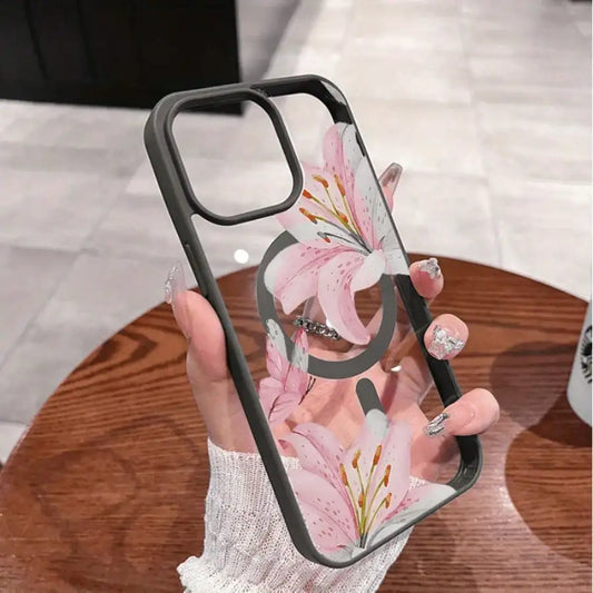 Pink Lily Magnetic Phone Case For iPhone 17 16 15 14 13 12 11Pro Max Plus It features a stylish pattern design
