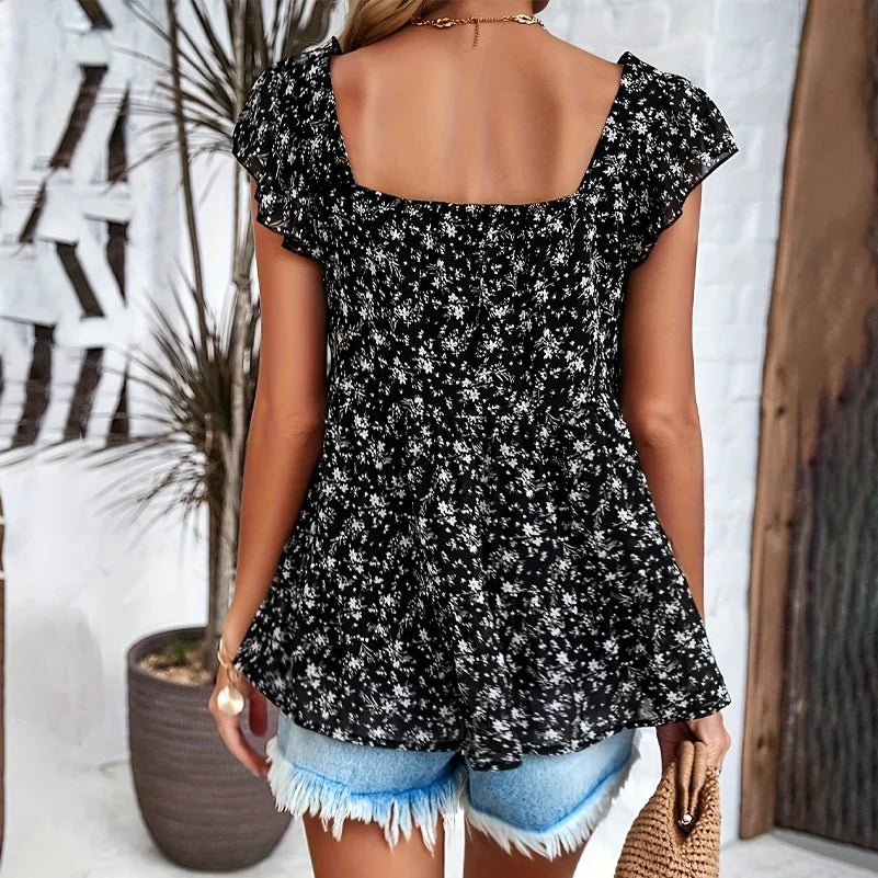 Plus Size Women's Floral Print Square Collar Layered Shirts Loose Fit Work and Vacation Clothing