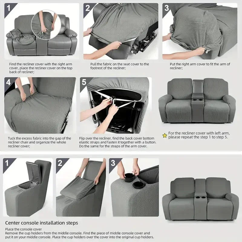 8pcs/set Recliner Sofa Covers Polar Fleece Loveseat Center Console Sofa Covers Elastic 2Seater Couch Slipcovers with Cup Holder